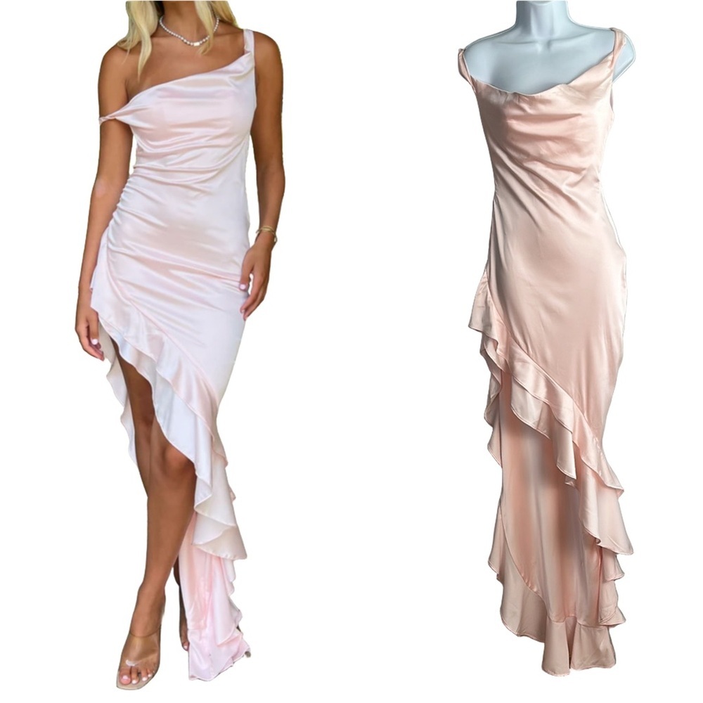 THATSSOFETCH Off Shoulder Satin Maxi Dress Pink Ruffle Feminine Size 2 XS Prom